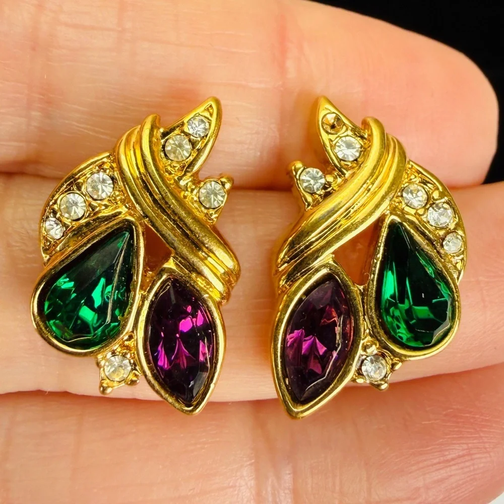 Vintage goldtone, festive green red and clear bling holiday pierced earrings